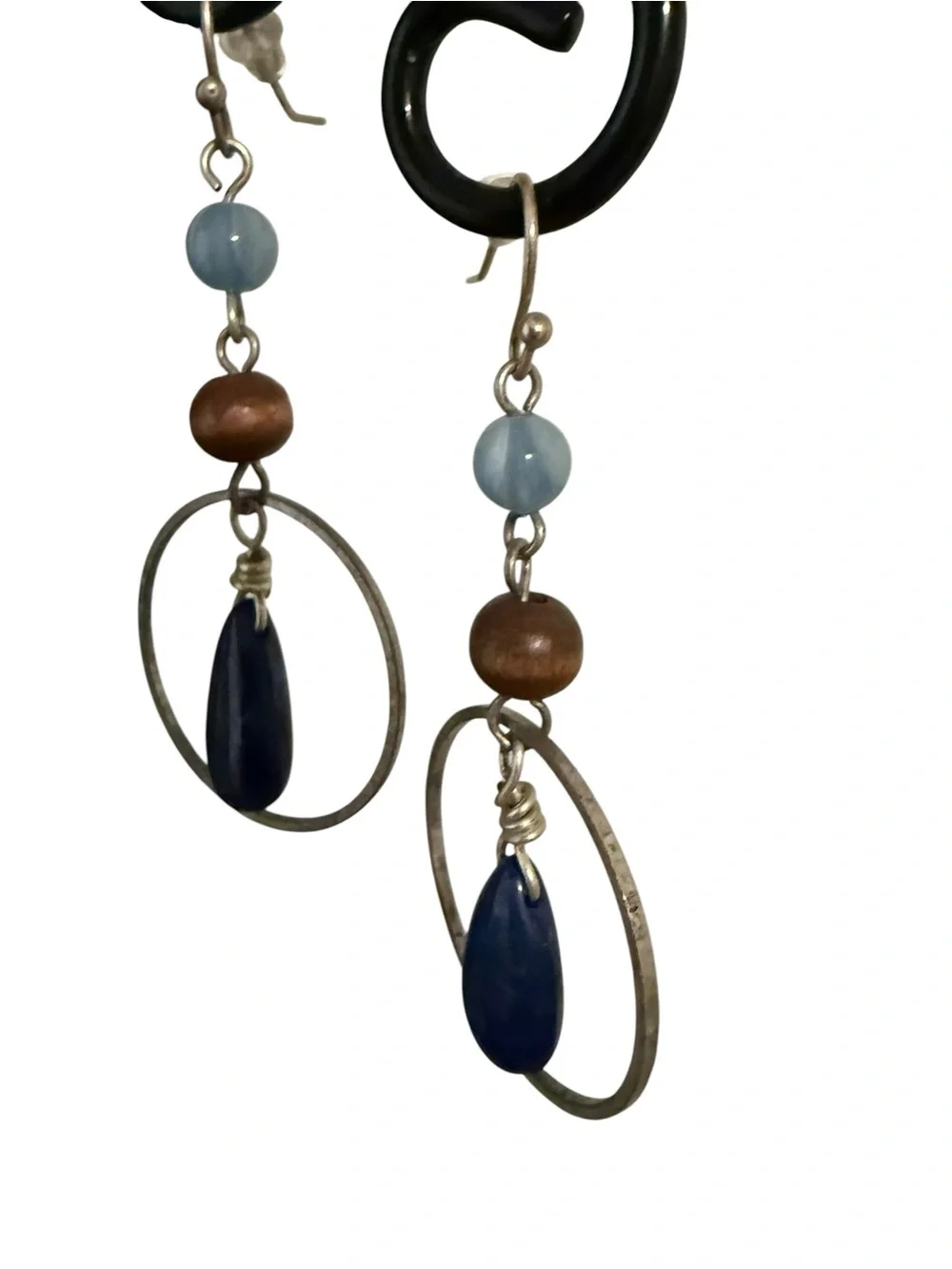 Handcrafted Artisan Blue Teardrop Hoop Earrings with Wood Bead